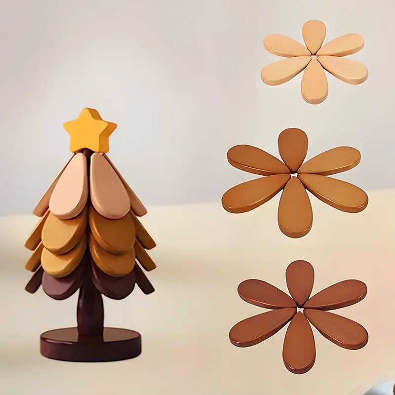 Heat Resistant Foldable Wooden Tree Trivet Set with 4 Coasters and 1 Stand for Hot Dishes Pots Bowls Teapots Solid Wood Kitchen Tableware Gift