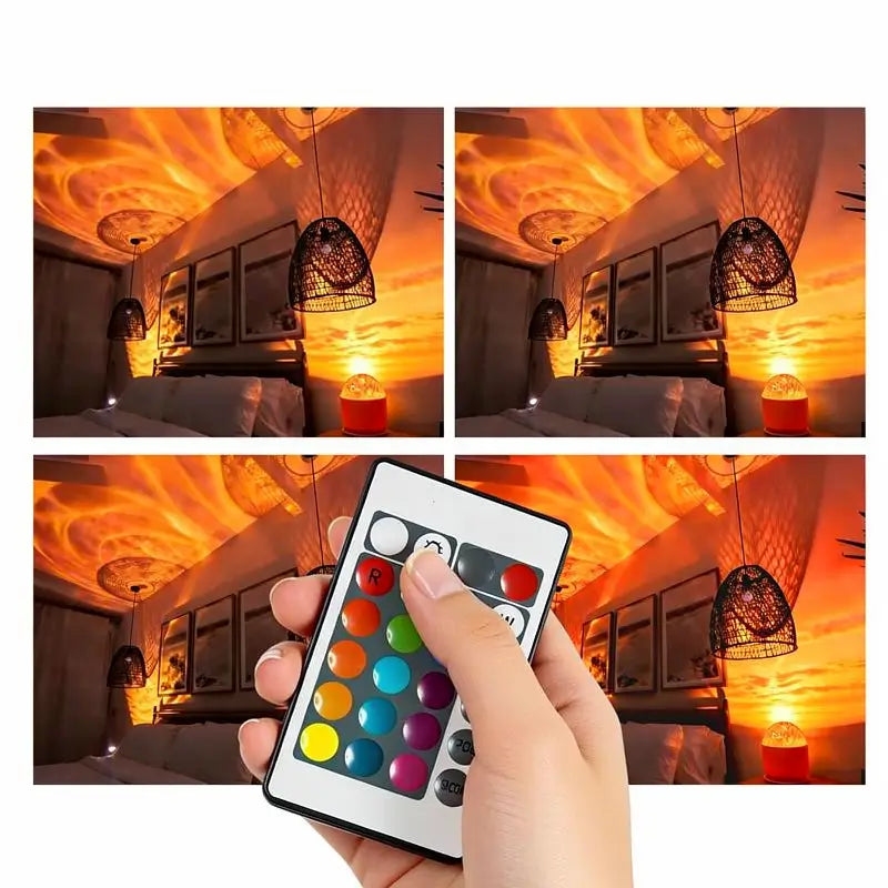 Luz Projetora 3D de Ondas de Água e Mar com Modo RGB de 16 Cores e Controlo Remoto para Relaxamento no Quarto, Ambiente Noturno Romântico e Iluminação Decorativa de Ambiente