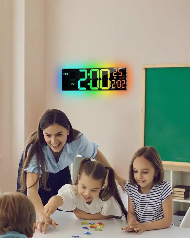 42 cm Large Digital Wall Clock with Bluetooth Sync RGB LED Lights 11 Scene Modes Remote Dual Alarms Auto DST Temperature for Office Gaming