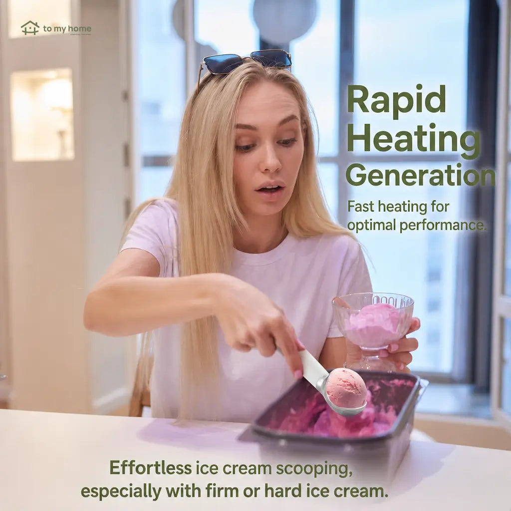 Rechargeable heated ice cream scoop with LED temperature display and 2 oz head for easy serving of hard frozen desserts at home anytime Tomyhome Global