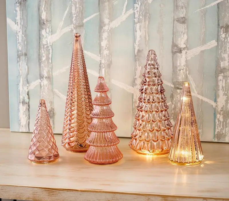 Set of 5 LED Illuminated Mercury Glass Trees Elegant Tabletop Holiday Decor Battery Operated Warm Glow Centerpiece Home Party Seasonal Display