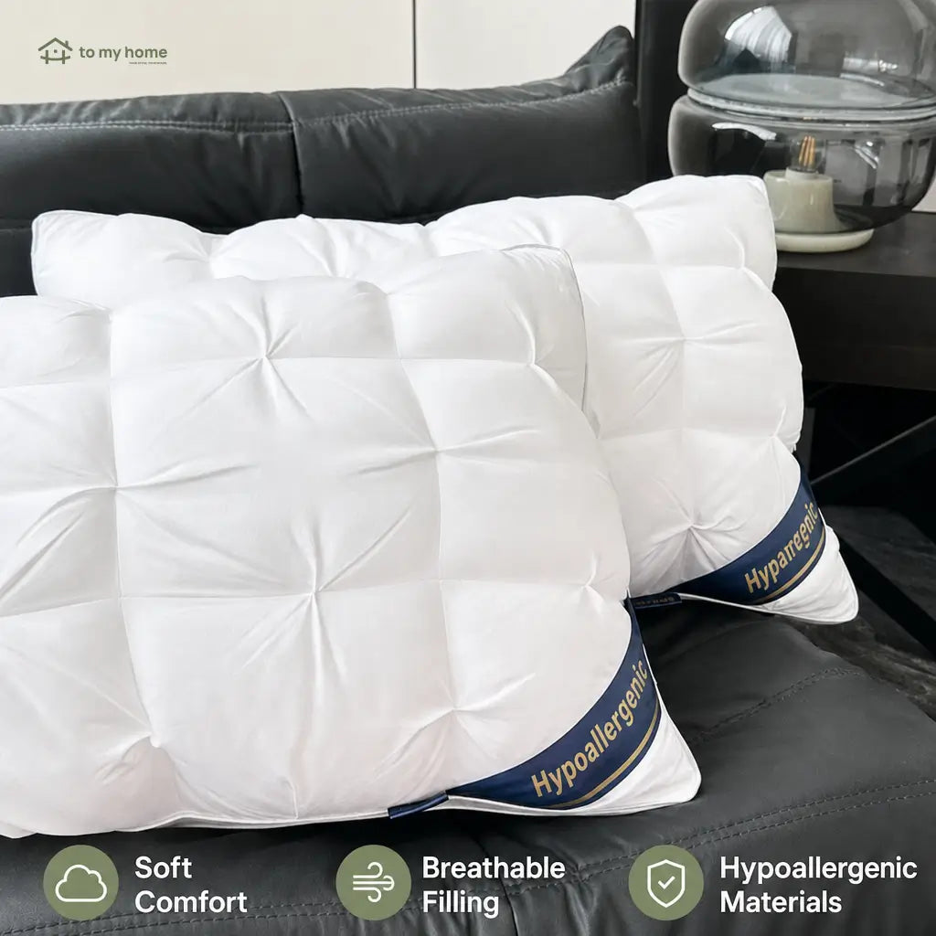 Soft hotel-style down alternative bed pillows with gusseted neck support for side, back, and stomach sleepers, available in queen or king sizes Tomyhome Global