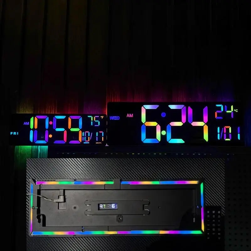 42 cm Large Digital Wall Clock with Bluetooth Sync RGB LED Lights 11 Scene Modes Remote Dual Alarms Auto DST Temperature for Office Gaming