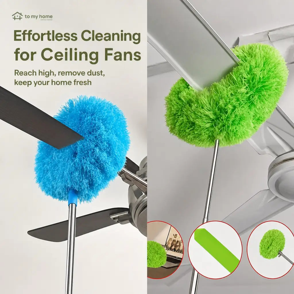 Lightweight extendable microfiber ceiling fan duster with slanted dust-locking head for walls, corners and everyday hard-to-reach home cleaning without ladders Tomyhome Global