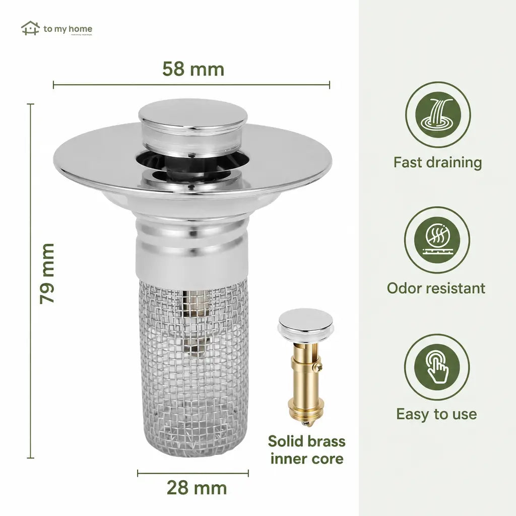 Universal pop-up sink stopper with removable stainless steel hair catcher basket for standard bathroom drains, 2-in-1 anti-clog strainer and plug Tomyhome Global