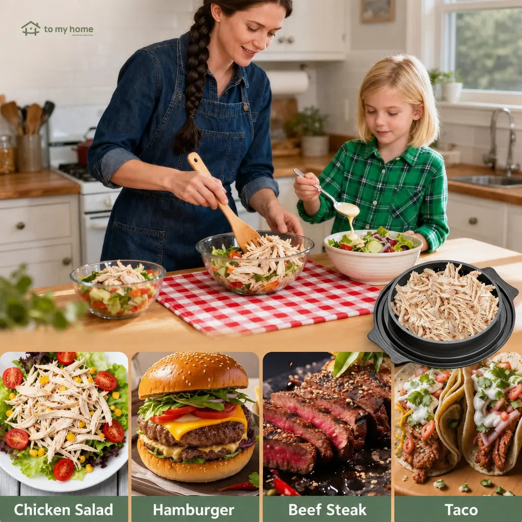 Large chicken shredder tool with clear lid and anti-slip base for cooked meat, tacos, salads, and easy weekly family meal prep Tomyhome Global