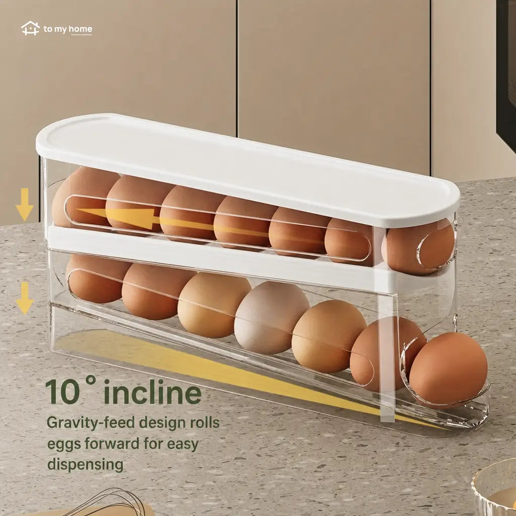 Clear rolling egg storage box with stackable plastic design for space-saving refrigerator and kitchen organization, keeping eggs visible and tidy Tomyhome Global