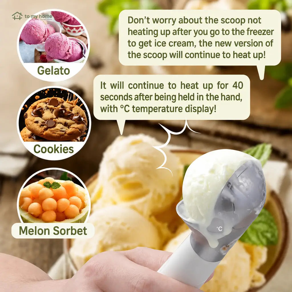 Rechargeable heated ice cream scoop with LED temperature display and 2 oz head for easy serving of hard frozen desserts at home anytime Tomyhome Global