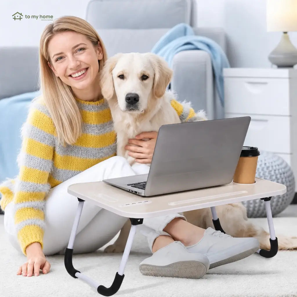 Foldable laptop bed desk with 4 USB ports, storage drawer, cup holder and adjustable angles for comfortable couch work at home Tomyhome Global