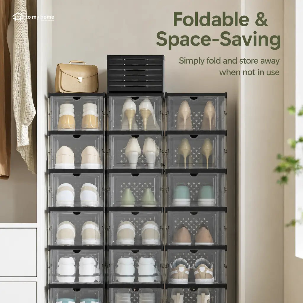 Collapsible shoe storage boxes with clear front doors, stackable foldable organizer for closets, shelves and entryways, fits US size 13 shoes Tomyhome Global