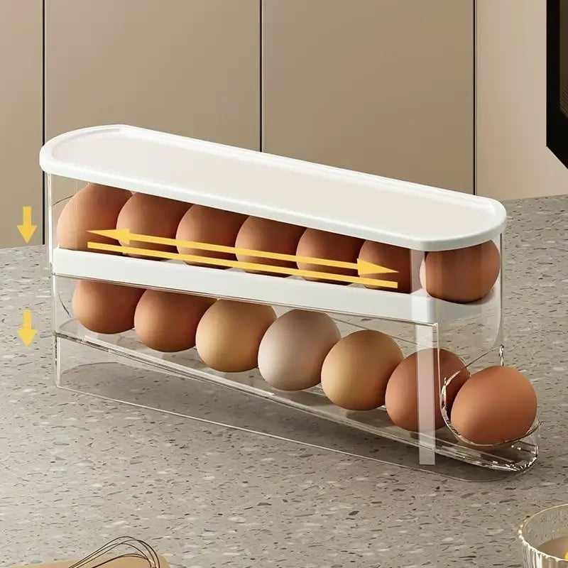 Rolling Egg Storage Box Clear Plastic Space-Saving Refrigerator Organizer Gravity Feed Automatic Dispenser Durable Container for Kitchen Countertop Fridge Pantry Storage