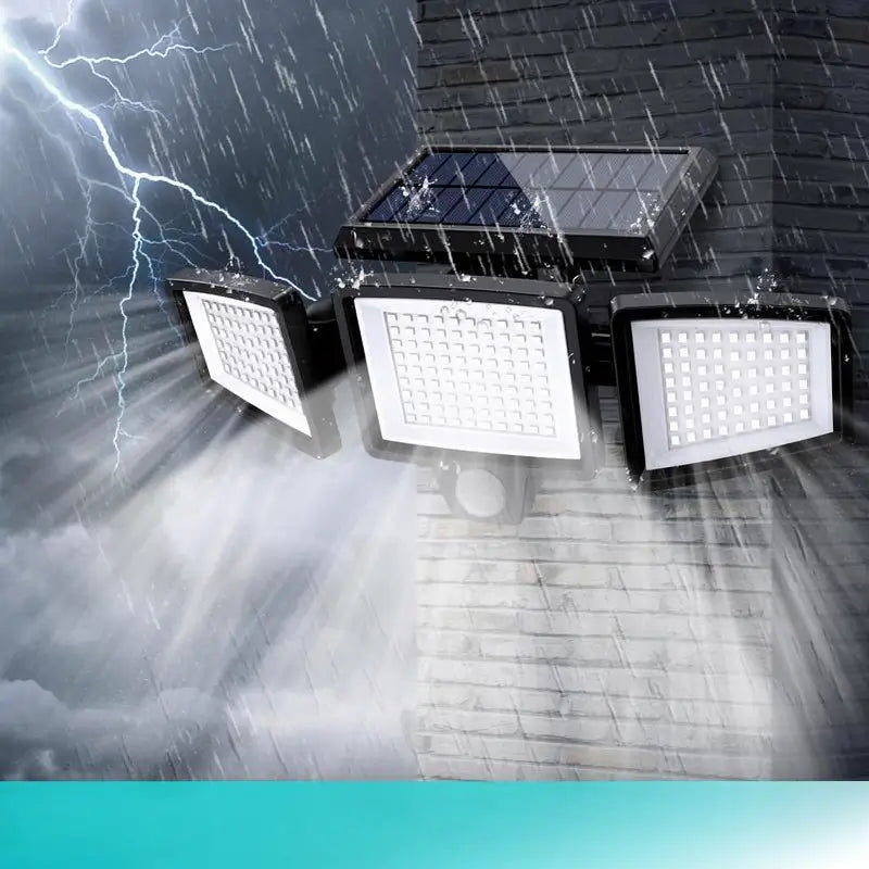 Solar Outdoor Security Lights 2500LM 210 LED IP65 Waterproof 3 Head Dimmable Spotlights for Yard Garage Porch Pool Garden Barn Patio Area