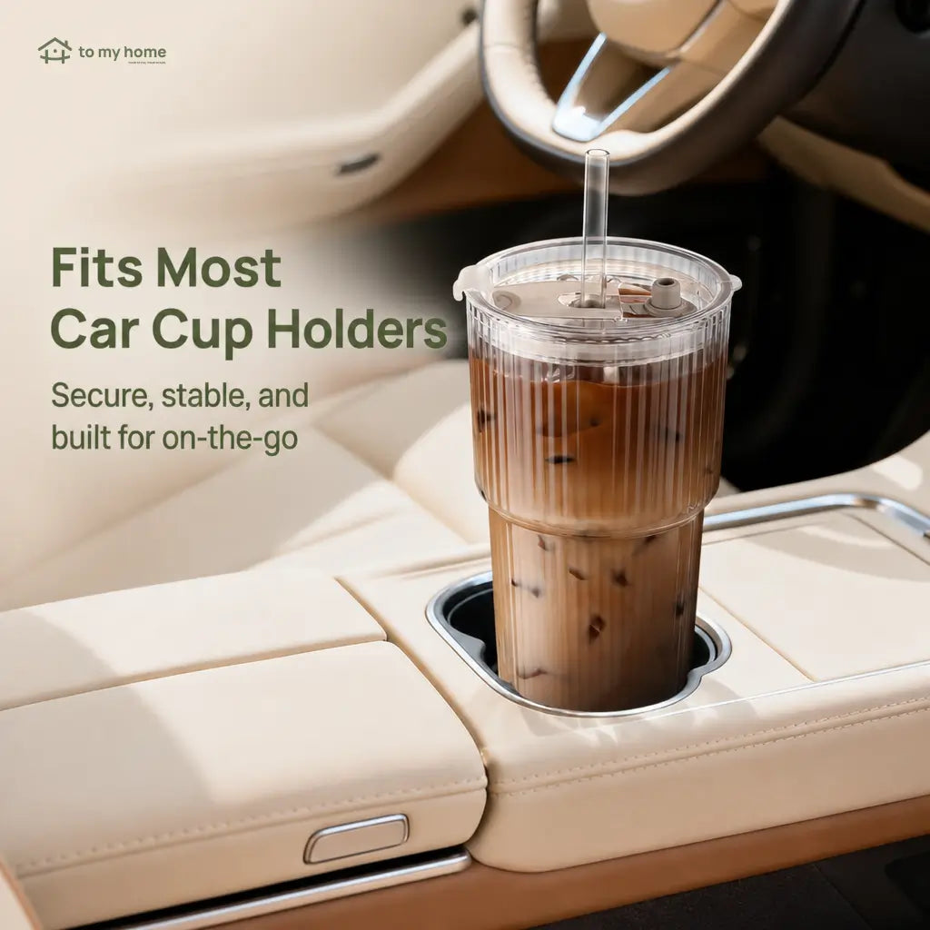 Reusable 562 ml (19 oz) ribbed glass cups with tight-sealing lids and straws for spill-resistant iced drinks, smoothies, cocktails, and commutes Tomyhome Global
