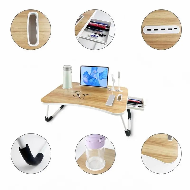 Portable Foldable Laptop Bed Desk with 4 USB Ports Storage Drawer Cup Holder Ergonomic Stand for Working Reading and Eating in Bed or Couch