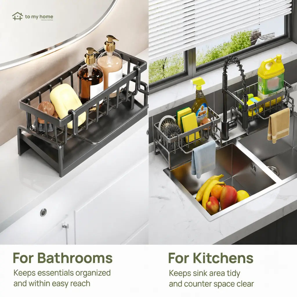 Corrosion-resistant metal sink organizer with high brush holder for sponges, scrubbers, bottles, and clutter-free kitchen counters beside your dishwashing area every day Tomyhome Global