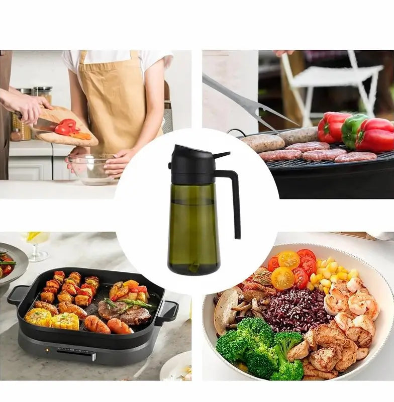 2-Pack 2-in-1 Oil Sprayer for Cooking 470ml Light-Blocking Glass Olive Oil Dispenser Bottle for Kitchen Food-Grade Mister for Air Fryer BBQ and Salads