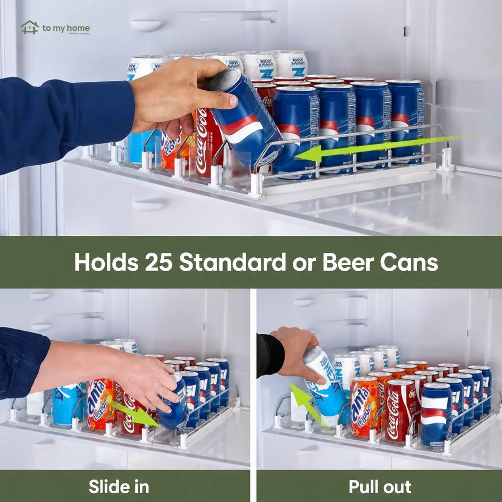 Refrigerator beverage organizer with spring-loaded can feed, durable recycled plastic storage for soda cans, coolers, shelves and pantry Tomyhome Global