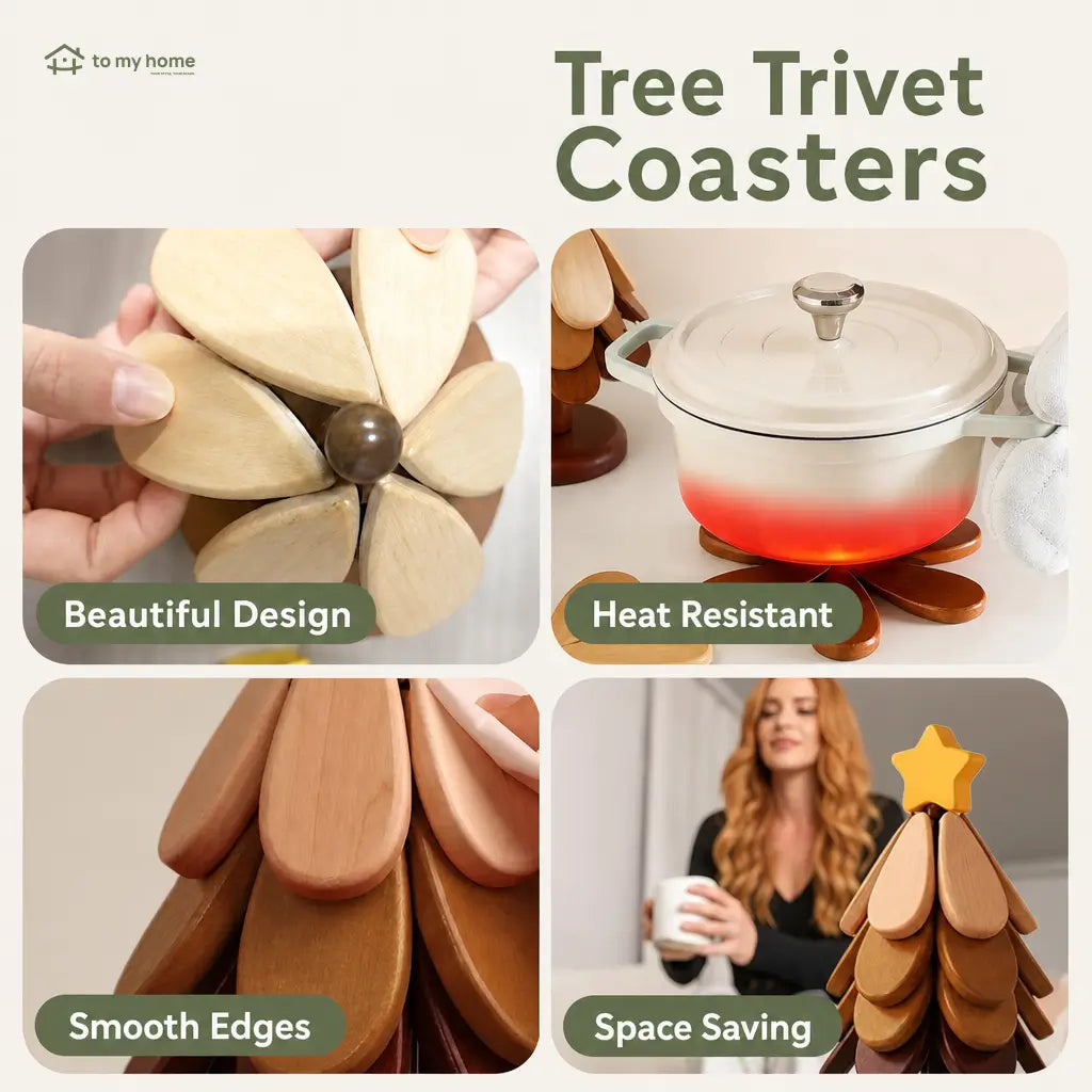 Foldable solid wood tree trivet set with heat-resistant coasters and display stand for hot pots, bowls, mugs, and family tables Tomyhome Global