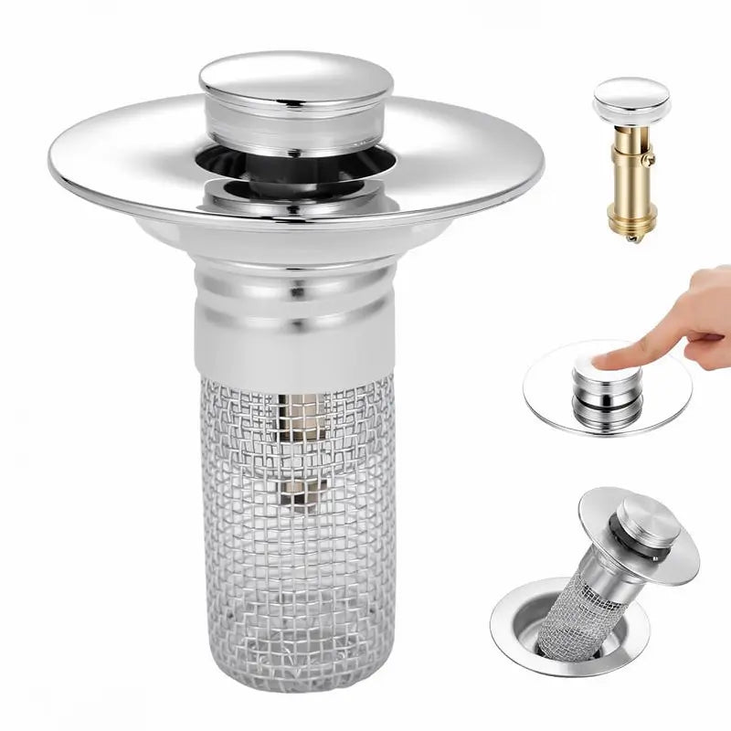 Bathroom Sink Stopper Hair Catcher Universal Pop Up Sink Drain Filter with Stainless Steel Filter Basket and Brass Drain Plug for Home Use