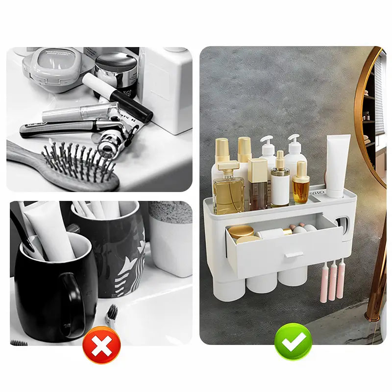Portaspazzolino da Parete con Dispenser Automatico di Dentifricio, Vassoio Contenitore Grande e Tazze per Organizzazione Bagno, Set Accessori Bagno Multifunzionale Salvaspazio