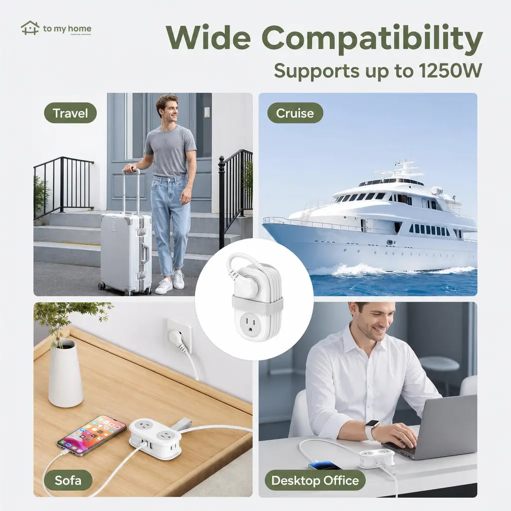 Compact travel power strip with 4 AC outlets, USB-C, flat plug and 1.25 m cord for cruises, hotels and office desks Tomyhome Global