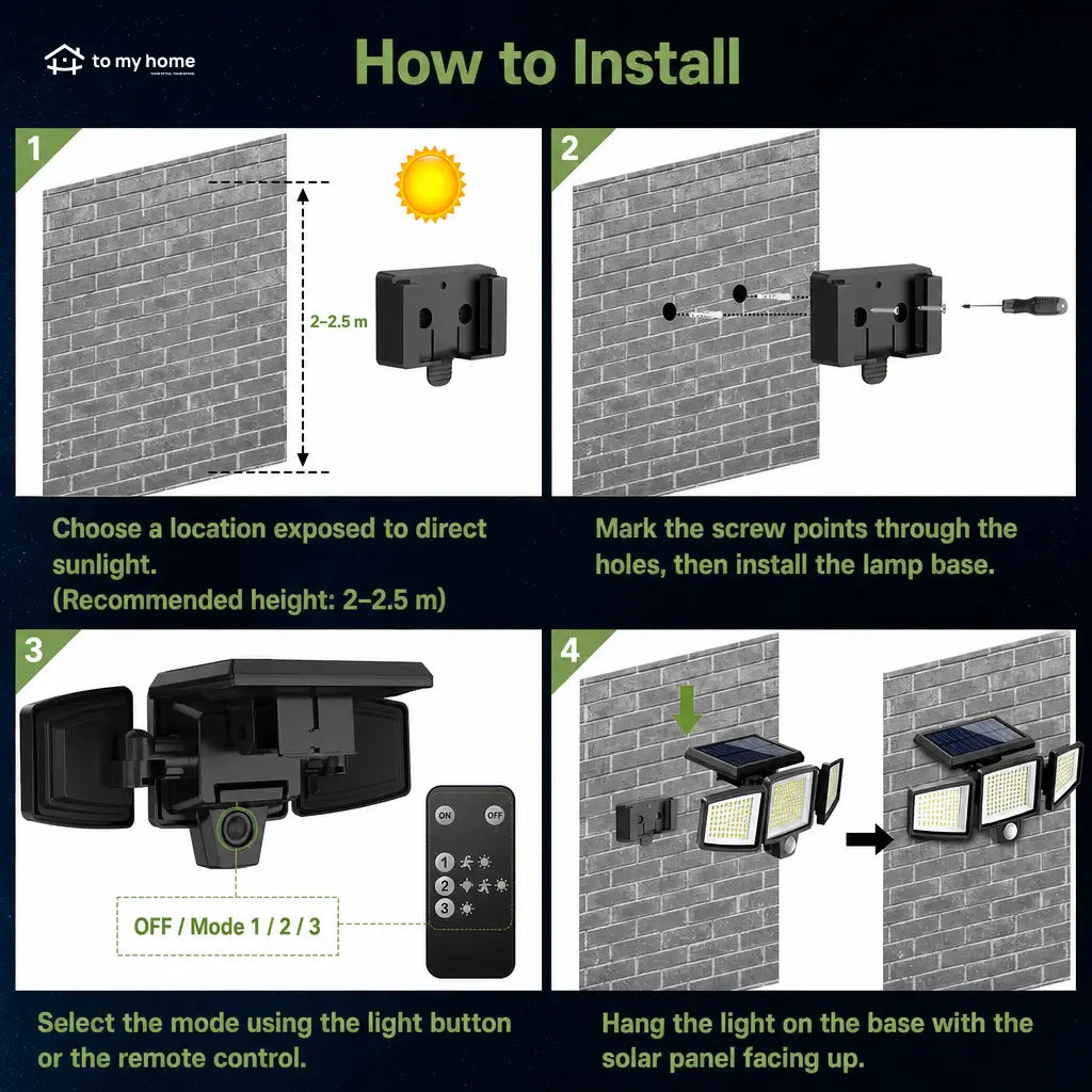 3-head solar motion sensor light, IP65 waterproof 210 LED outdoor security floodlight with remote control for driveway, garden, garage and porch Tomyhome Global
