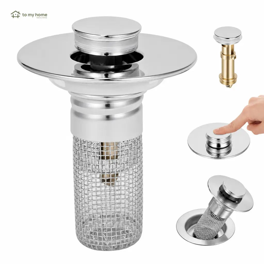 Universal pop-up sink stopper with removable stainless steel hair catcher basket for standard bathroom drains, 2-in-1 anti-clog strainer and plug Tomyhome Global