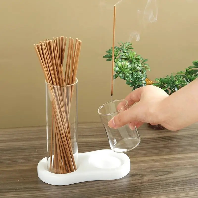2-in-1 Incense Candle Holder with Wooden Base Glass Ash Catcher, Aromatherapy Diffuser for Bedroom, Scented Home Fragrance Decor Unique Ornament Gift