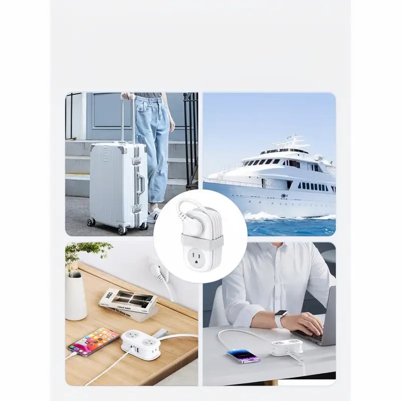 Compact Travel Power Strip 4 AC Outlets 3 USB Ports 1.2m Wrapped Cord Portable Charging Station for Hotel Cruise Essentials Office Power Hub