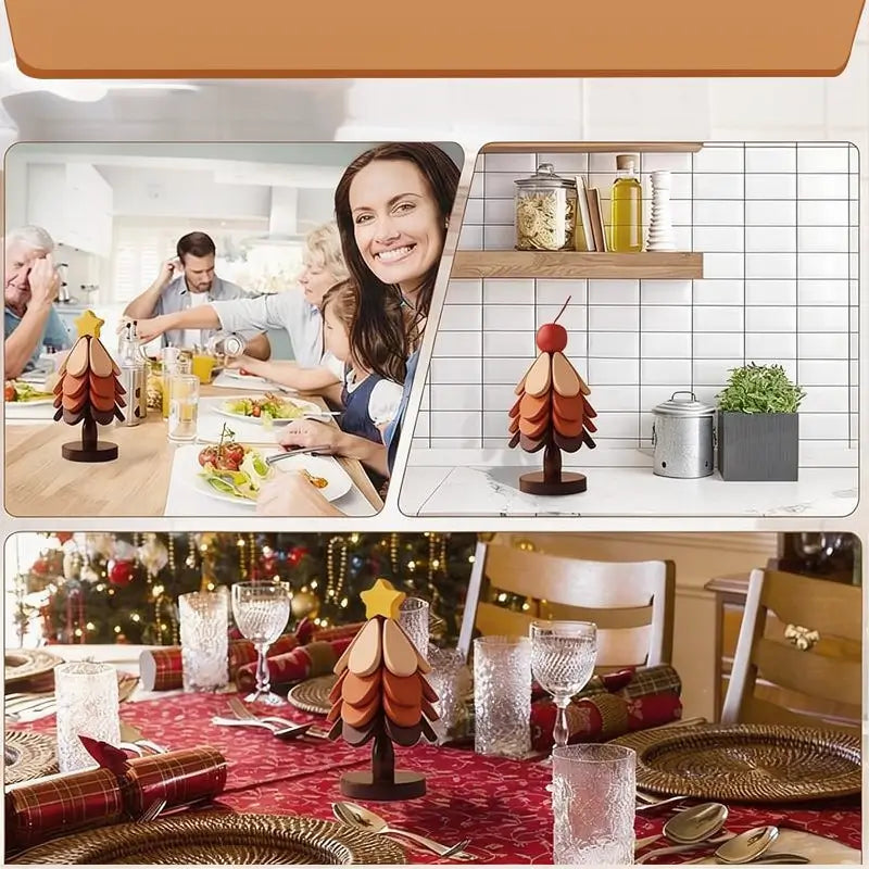 Heat Resistant Foldable Wooden Tree Trivet Set with 4 Coasters and 1 Stand for Hot Dishes Pots Bowls Teapots Solid Wood Kitchen Tableware Gift