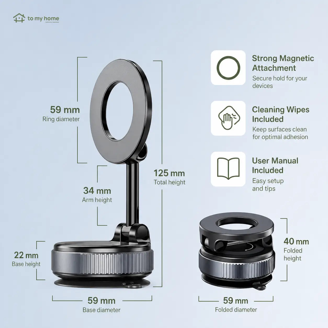 Magnetic car phone holder with vacuum suction cup and 360° rotation for dashboards, mirrors, travel, and hands-free viewing with all smartphones Tomyhome Global