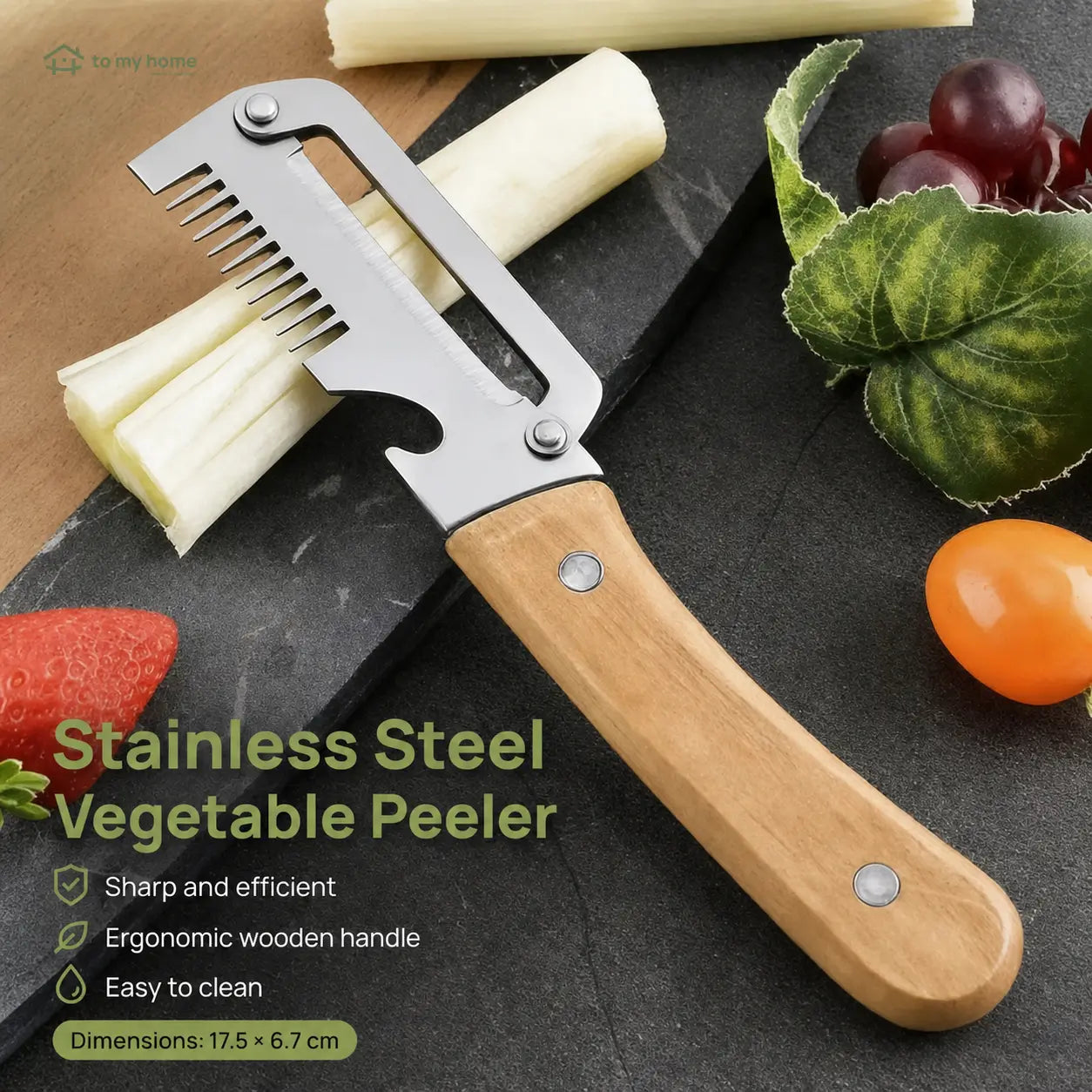 Two-Piece Vegetable and Fruit Peeler Set with Ultra-Sharp Stainless Steel Blade, Wooden Handle, and Built-In Bottle Opener for Everyday Kitchen Prep Tomyhome Global