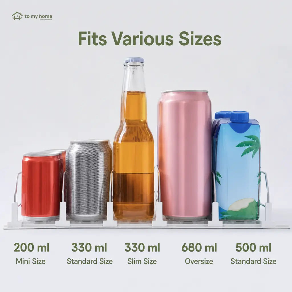 Refrigerator beverage organizer with spring-loaded can feed, durable recycled plastic storage for soda cans, coolers, shelves and pantry Tomyhome Global