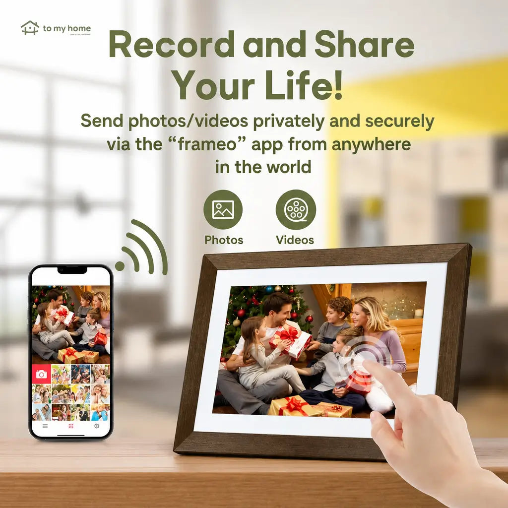 Digital photo frame with 25.7 cm (10.1 in) screen and wood design for home office memory displays and thoughtful everyday gifting Tomyhome Global