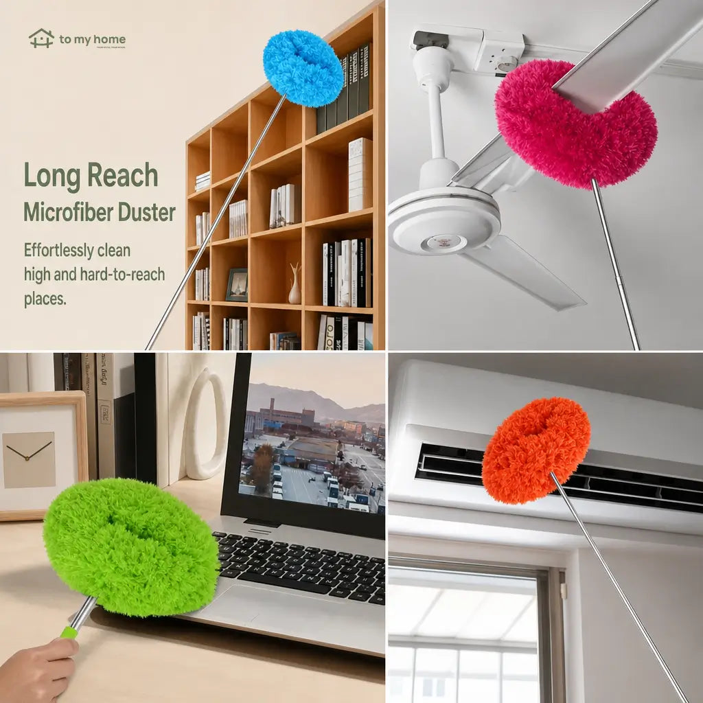 Lightweight extendable microfiber ceiling fan duster with slanted dust-locking head for walls, corners and everyday hard-to-reach home cleaning without ladders Tomyhome Global