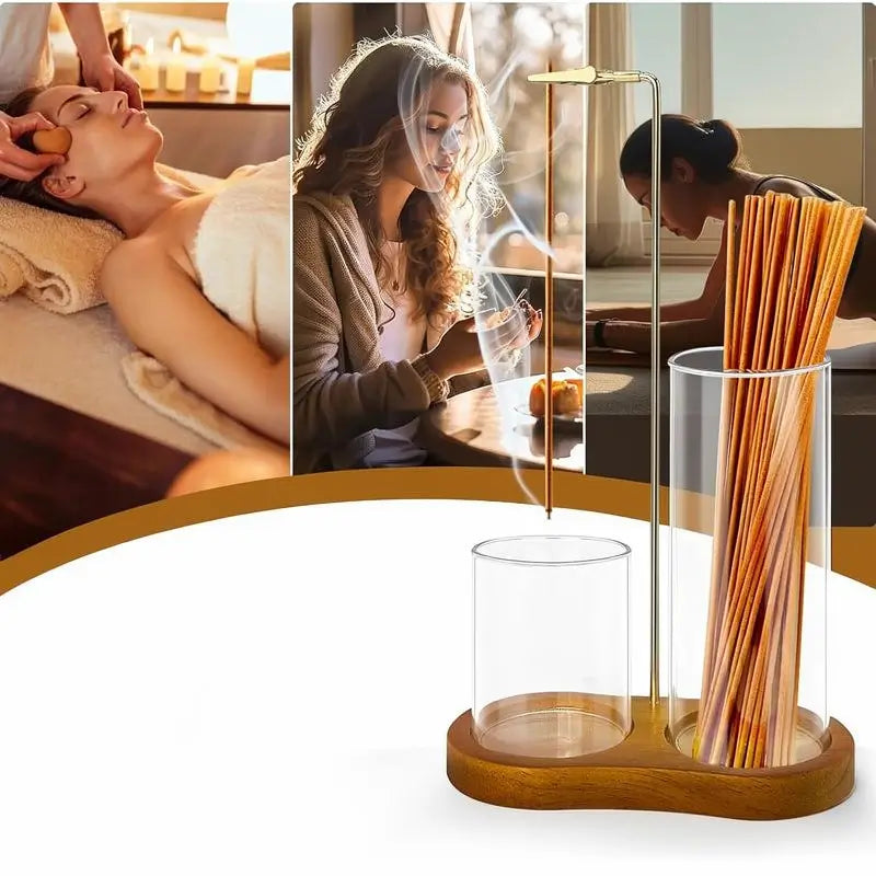 2-in-1 Incense Candle Holder with Wooden Base Glass Ash Catcher, Aromatherapy Diffuser for Bedroom, Scented Home Fragrance Decor Unique Ornament Gift
