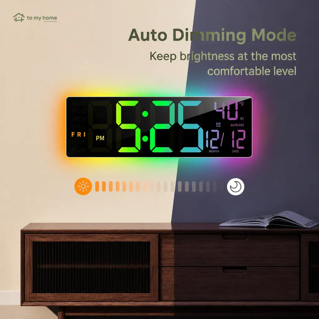 Large digital wall clock with RGB ambient light, dual alarms, and easy-read LED display for home offices, kitchens, classrooms, and gaming rooms Tomyhome Global