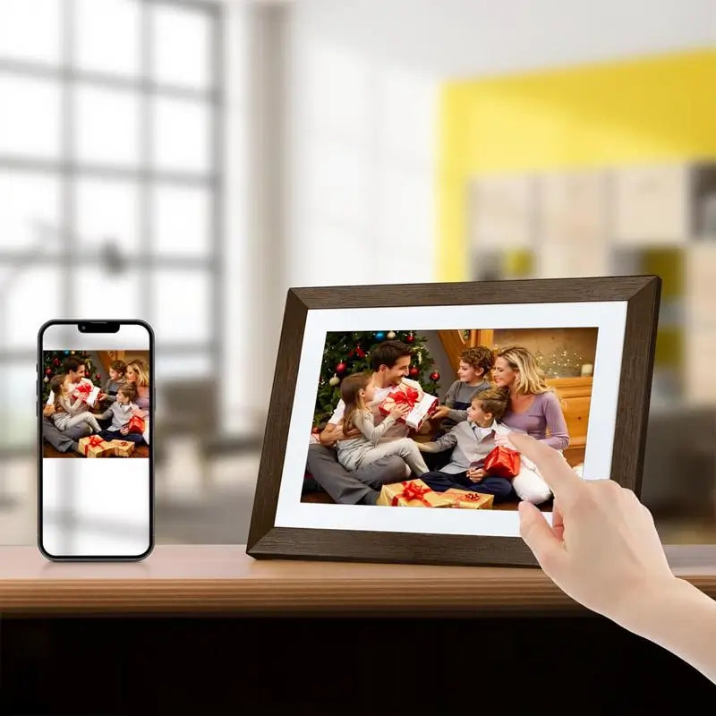 25.6 cm Digital Photo Frame Wood Finish 32GB Memory Home Office Decor Easy Setup Gift for Holiday Birthdays Anniversaries and Family Special Moments
