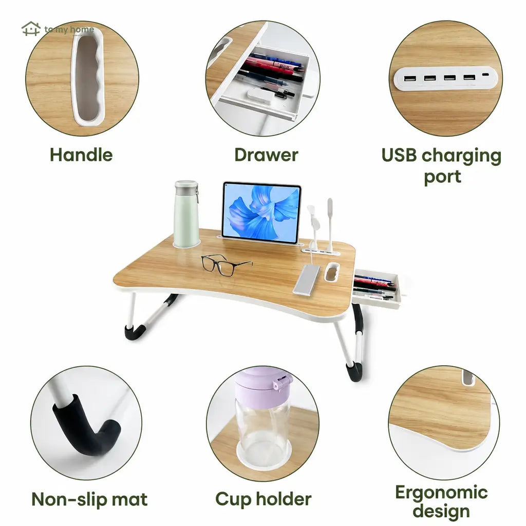 Foldable laptop bed desk with 4 USB ports, storage drawer, cup holder and adjustable angles for comfortable couch work at home Tomyhome Global